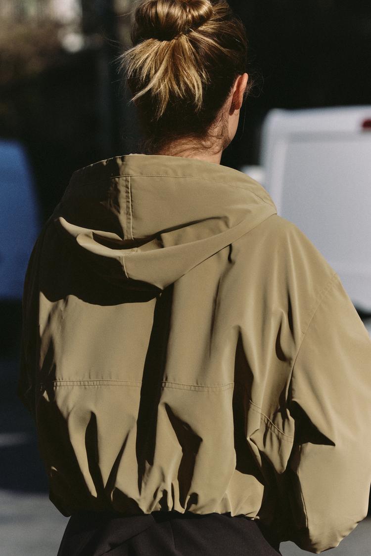 RUBBER-EFFECT BOMBER JACKET WITH HOOD